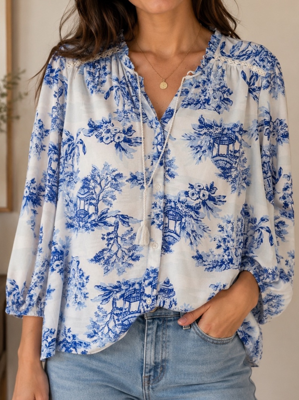 Crown & Ivy Toile print blouse - Size Large - Blue / White - 3/4” Sleeves